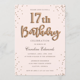 Invitación Rosa purpurina Relieve metalizado Globos 17 cumple