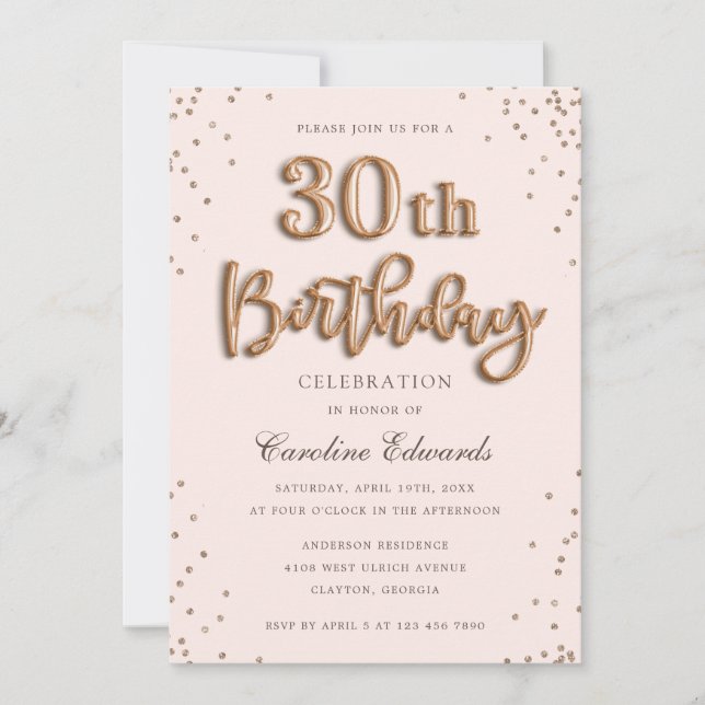 Invitación Rosa purpurina Relieve metalizado Globos 30 cumple (Anverso)