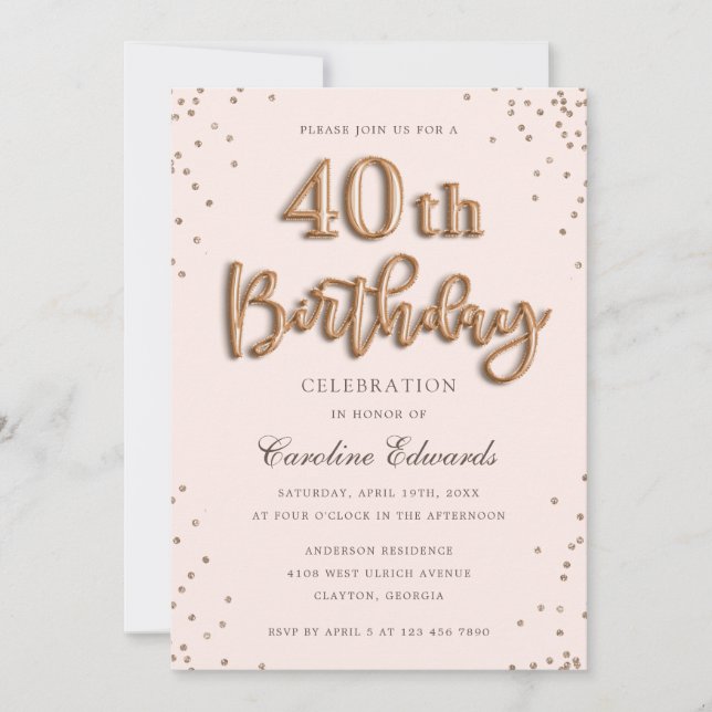 Invitación Rosa Purpurina Relieve metalizado Globos 40 cumple (Anverso)