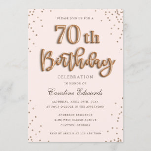 Invitación Rosa purpurina Relieve metalizado Globos 70 cumple