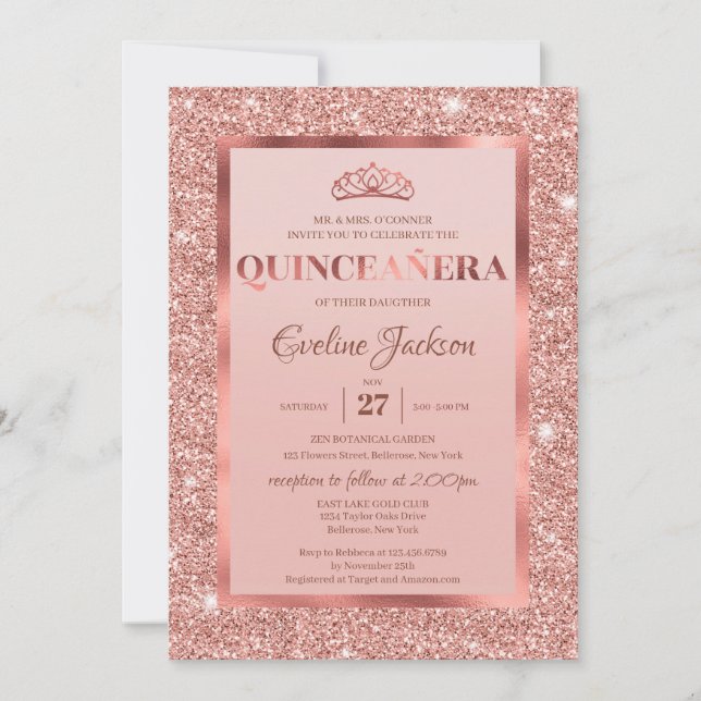 Invitación Rosa purpurina Relieve metalizado princesa tiara q (Anverso)