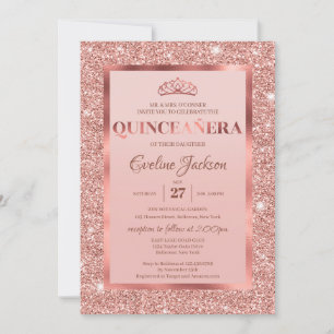 Invitación Rosa purpurina Relieve metalizado princesa tiara q