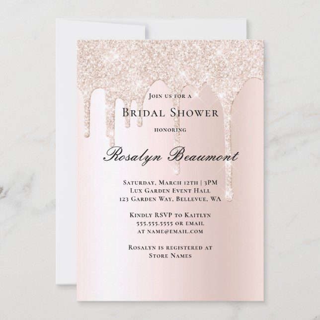 Invitación Rosa Purpurina Rosa de Rubor Champán Ducha Bridal (Anverso)