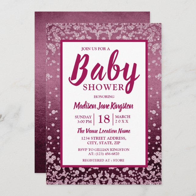 Invitación Rosa Purpurina rosa dorado Baby Shower Invite (Anverso / Reverso)