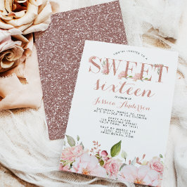 Invitación Rosa Purpurina rosa dorado Dulce Floral Dieciséis