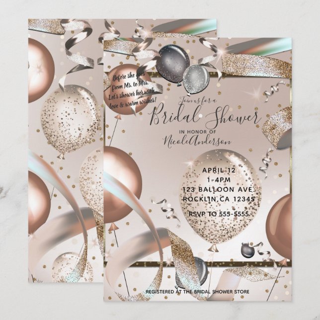 Invitación Rosa Purpurina rosa dorado globos ducha de novia (Anverso / Reverso)