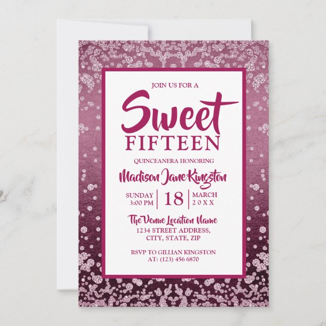 Invitación Rosa Purpurina rosa dorado Quinceanera Sweet 15 in (Anverso)