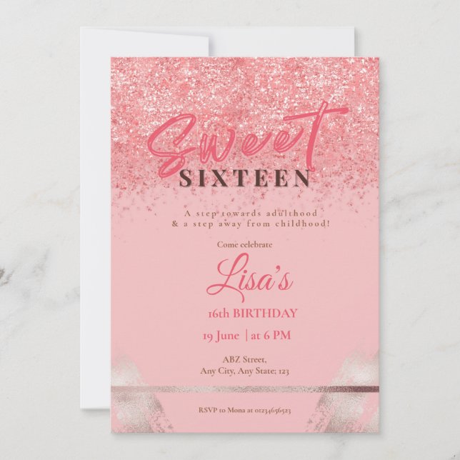 Invitación Rosa purpurina rosa dulce de dieciséis años (Anverso)