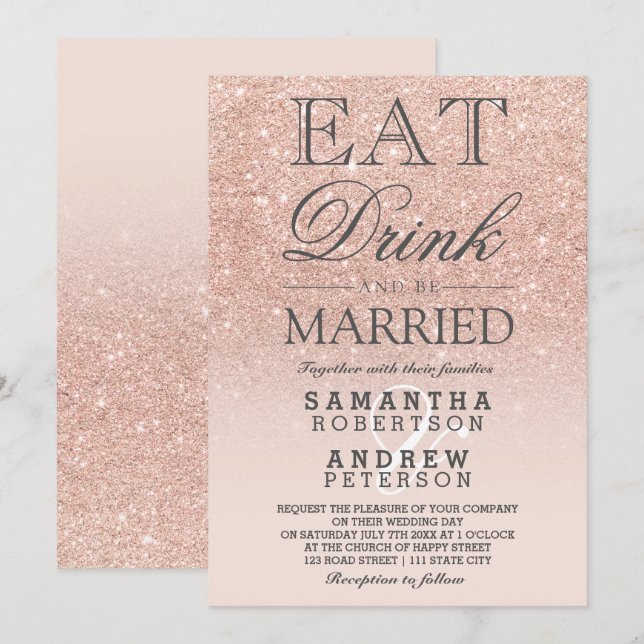 Invitación Rosa purpurina   rosado boda de escritura oscura (Anverso / Reverso)