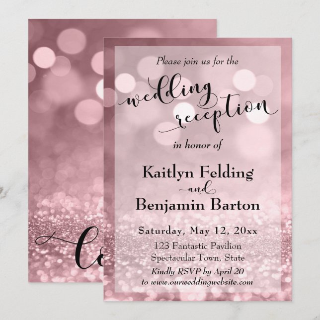 Invitación Rosa Purpurina rosado Bokeh Wedding (Anverso / Reverso)