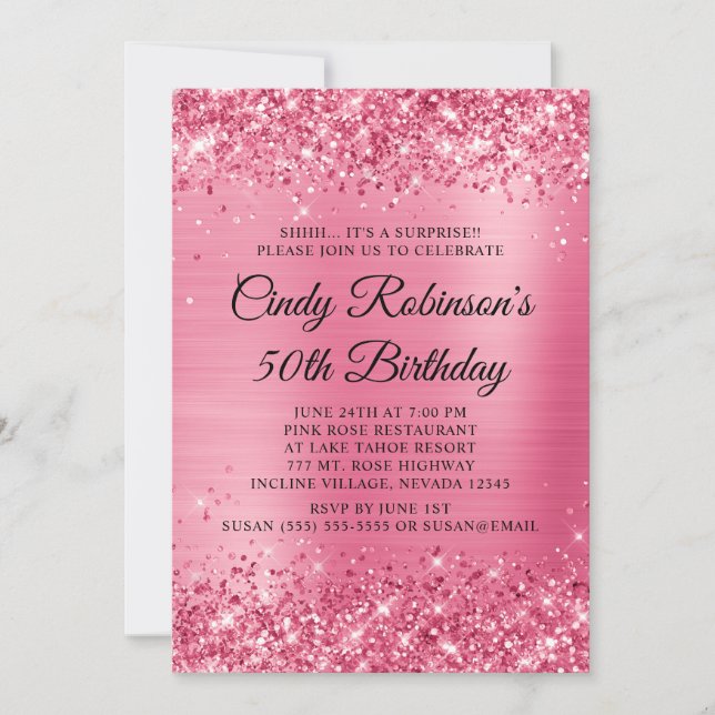 Invitación Rosa Purpurina rosado y Relieve metalizado 50 cump (Anverso)
