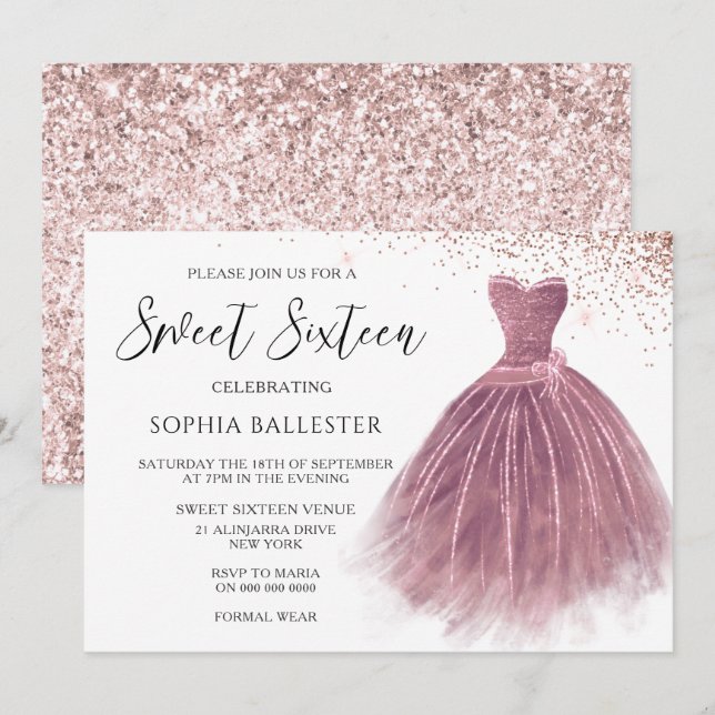 Invitación Rosa Purpurina Rubor Gown Sweet 16 Fiesta (Anverso / Reverso)