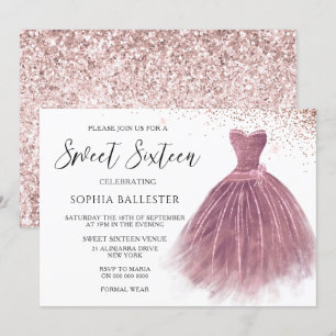 Invitación Rosa Purpurina Rubor Gown Sweet 16 Fiesta