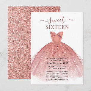 Invitación Rosa Purpurina Vestido de Oro Dulce 16 Cumpleaños