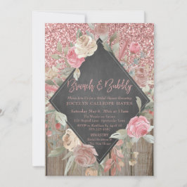 Invitación Rosa Purpurina Wood Floral Chalkboard Brunch Bubbl