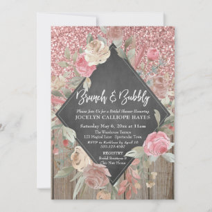 Invitación Rosa Purpurina Wood Floral Chalkboard Brunch Bubbl