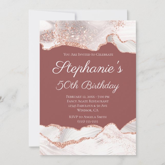 Invitación Rosa Purpurinoso Agate Blanco Oro 50.º Brick de Cu (Anverso)