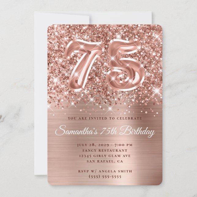 Invitación Rosa Purpurinoso desconcertante Gold Glam 75 cumpl (Anverso)
