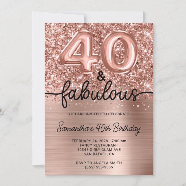 Invitación Rosa Purpurinoso Glam Gold 40 y Fabulous (Anverso)