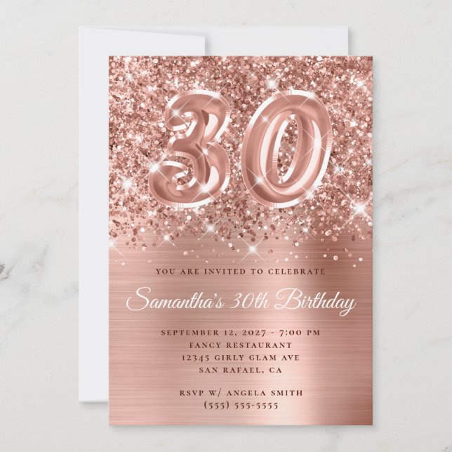 Invitación Rosa Purpurinoso Glam número 30 cumpleaños (Anverso)