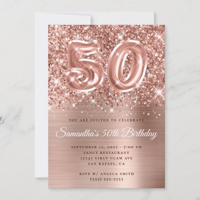 Invitación Rosa Purpurinoso Glam Número 50 Cumpleaños (Anverso)