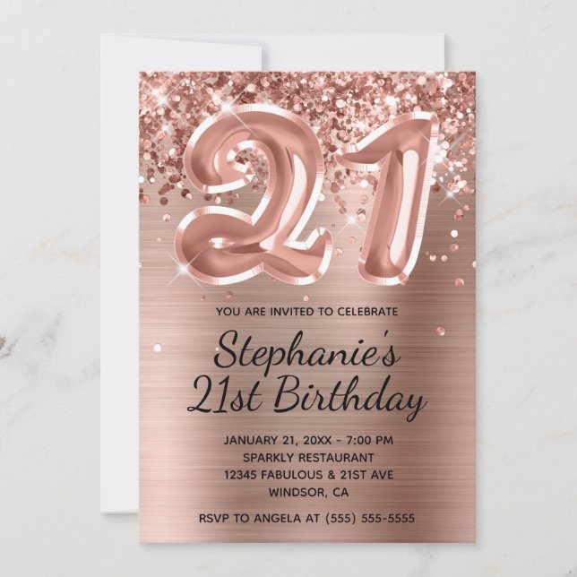Invitación Rosa Purpurinoso Globo de Oro 21 cumpleaños (Anverso)