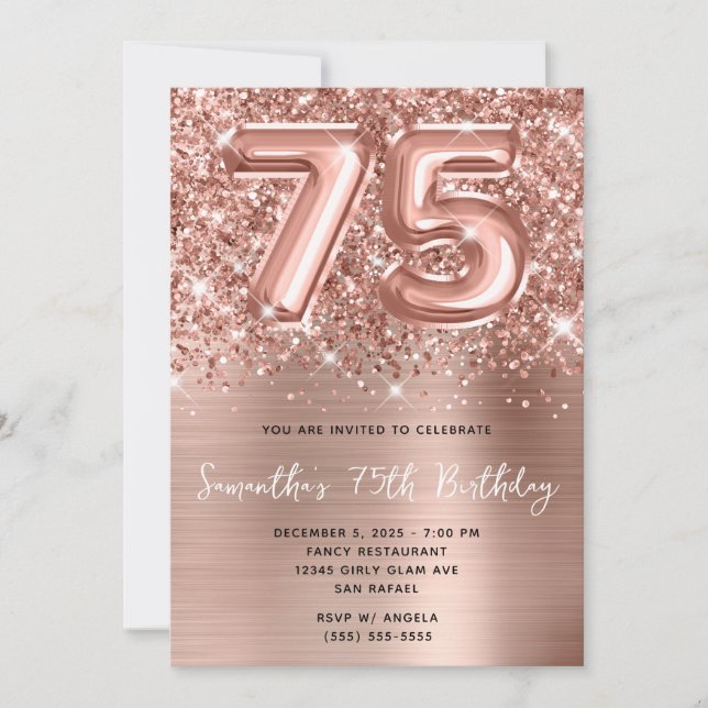 Invitación Rosa Purpurinoso Globo de Oro Glam 75 cumpleaños (Anverso)