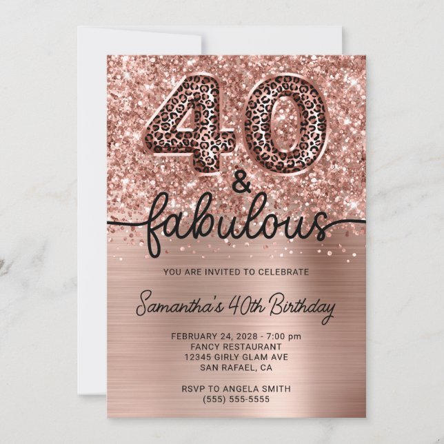 Invitación Rosa Purpurinoso Leopardo de oro 40 y fabuloso (Anverso)
