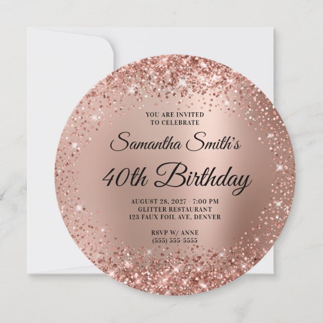 Invitación Rosa Purpurinoso Ombre Monograma 40 cumpleaños (Anverso)