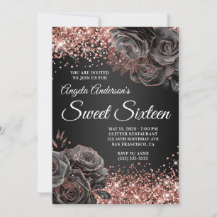 Invitación Rosa Purpurinoso Oro Negro Glam Dulce Dieciséis