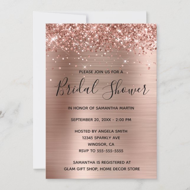 Invitación Rosa Purpurinoso Relieve metalizado dorado Bridal  (Anverso)