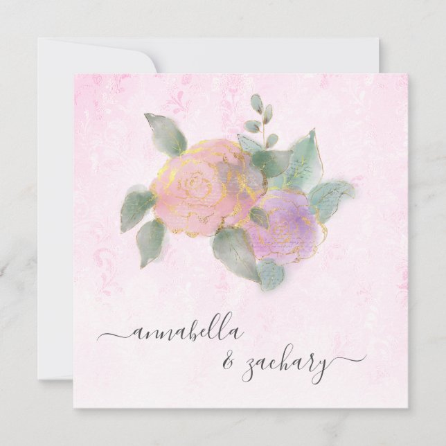 Invitación *~* ROSA QR RSVP + Purpurina de oro - AR12 Boda I (Anverso)