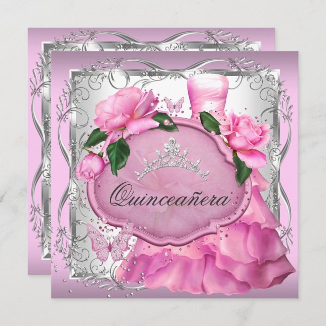 Invitación Rosa Quinceanera 15.ª Rosa Fiesta Tiara (Anverso / Reverso)