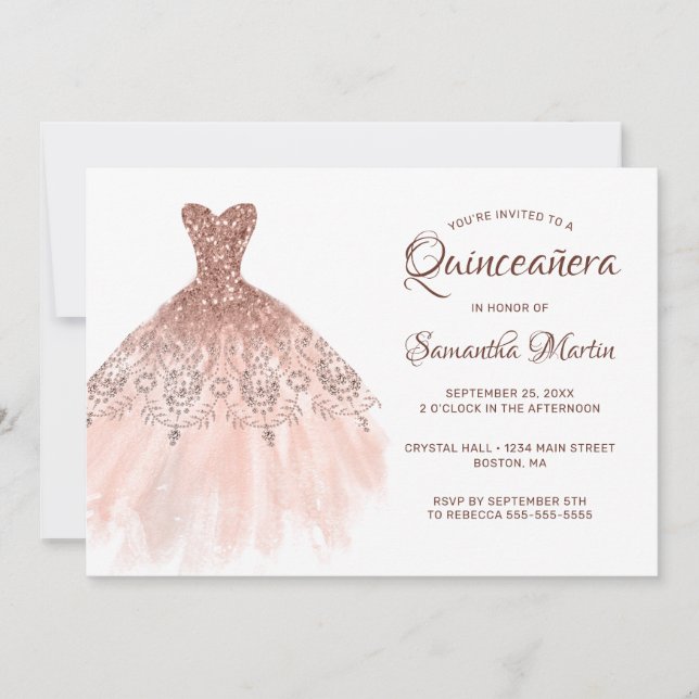 Invitación Rosa Quinceanera Purpurina de oro vestido con Fies (Anverso)