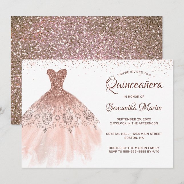 Invitación Rosa Quinceanera Purpurina de oro Vestido Glam Fie (Anverso / Reverso)