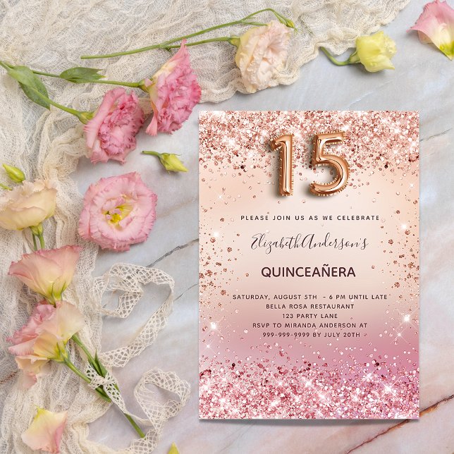 Invitación Rosa Quinceanera purpurina rosa rubor dorado (Subido por el creador)