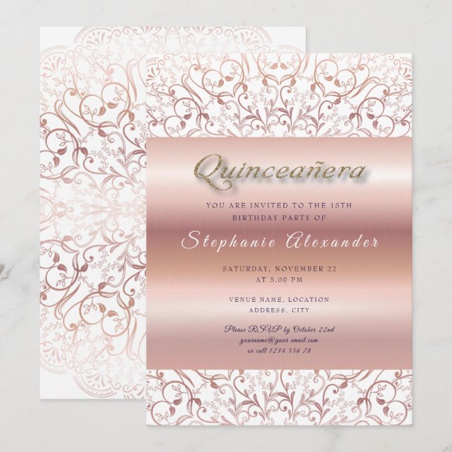 Invitación Rosa Quinceanera Relieve metalizado oro encaje pur (Anverso / Reverso)
