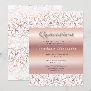 Invitación rosa Quinceanera Relieve metalizado oro encaje pur