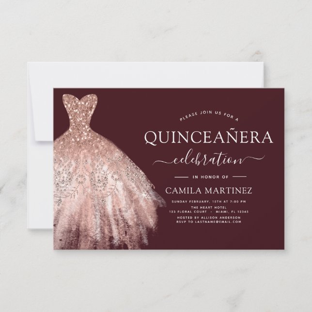 Invitación Rosa Quinceanera Rubor - Borgoña de oro Rosa (Anverso)