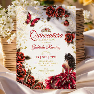 Invitación Rosa Quinceañera Tiara Dorada Rosas Mariposas