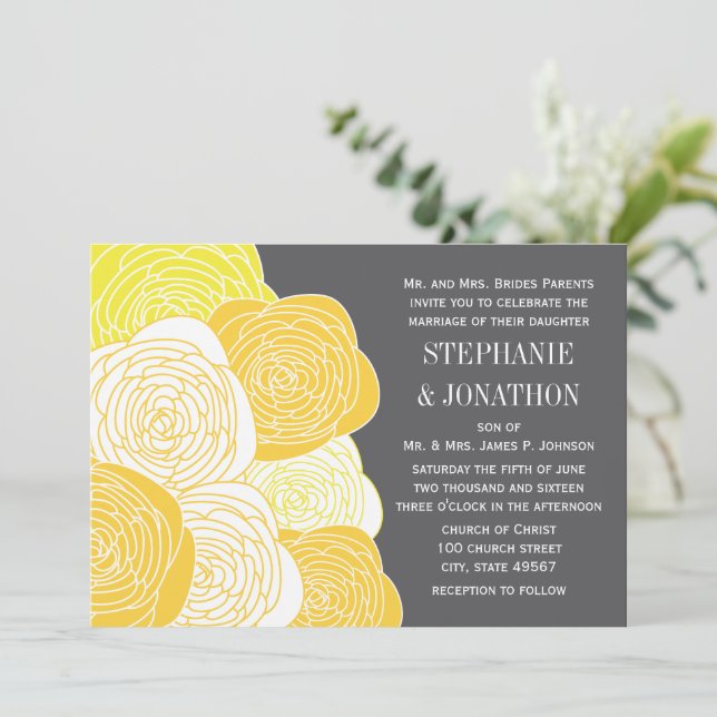 Invitación Rosa Ranunculus Boda amarillo y gris moderno (Anverso de pie)