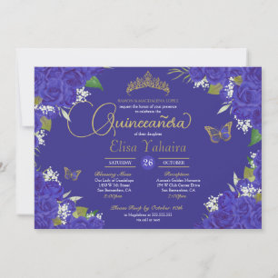 Invitación Rosa real azul índigo tiara mariposa Quinceanera