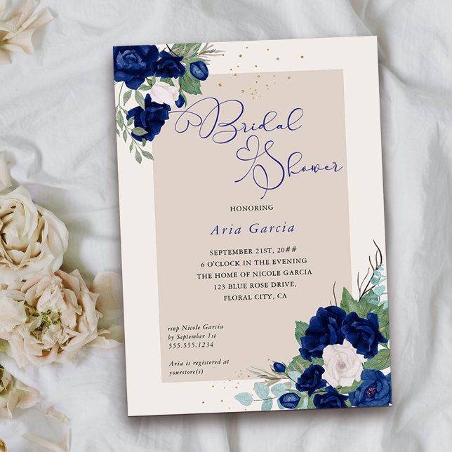 Invitación Rosa real Blue Ivory Floral Bridal Shower (Bridal Shower from my Royal Roses collection)