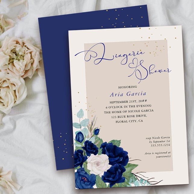 Invitación Rosa real Blue Ivory Floral Lingerie Shower (Floral Lingerie Shower invitation from my Royal Roses collection
)