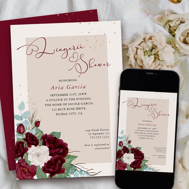 Invitación Rosa real Borgoña Marfil Floral Lingerie Shower (Available to order professionally printed or as a printable download)
