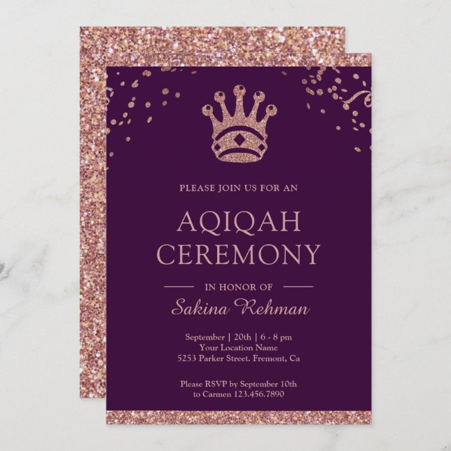 Invitación Rosa Real Purpurina de Oro Aqeeqah | Aqiqah (Anverso / Reverso)