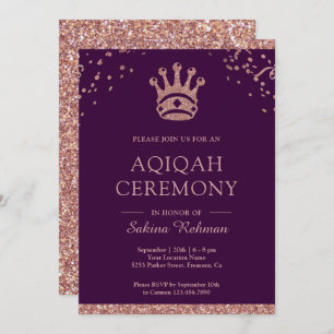 Invitación Rosa Real Purpurina de Oro Aqeeqah   Aqiqah