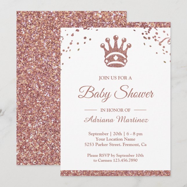 Invitación Rosa Real Purpurina de oro Baby Shower (Anverso / Reverso)