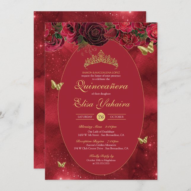 Invitación Rosa Red Gold Luxury Butterfly Quinceanera (Anverso / Reverso)