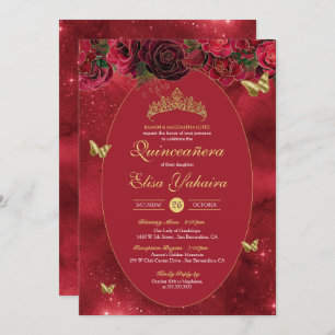 Invitación Rosa Red Gold Luxury Butterfly Quinceanera